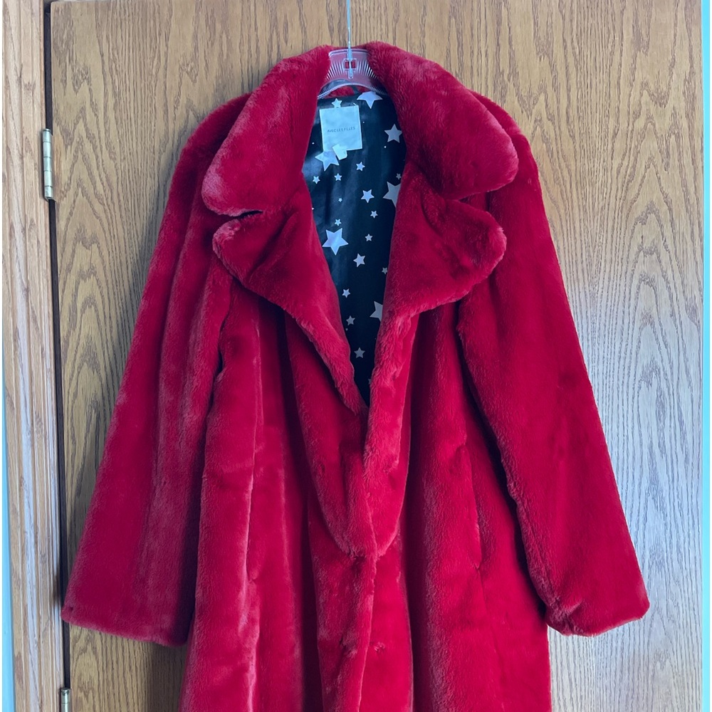 Alec Les Filles red faux fur full length coat fully lined in stars